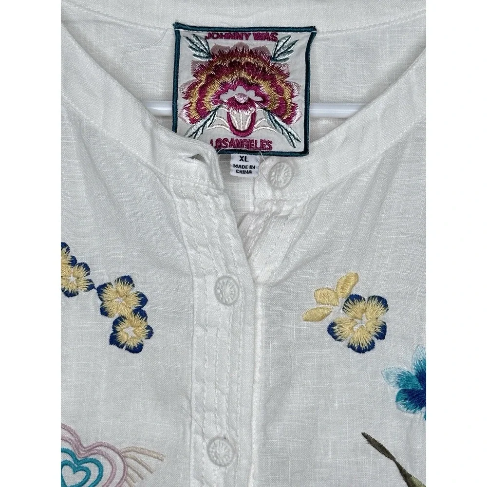 Johnny Was XL Jessi Shirred Yoke Blouse White Linen Embroidered Button Up Top - Picture 13 of 14